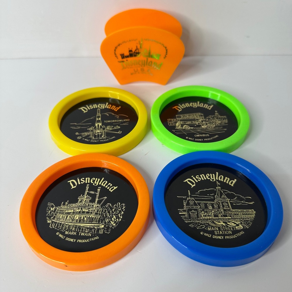 Vintage Disneyland Colorful Coaster Set of 4 w/ Holder Walt Disney Hong Kong MCM